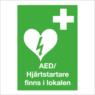 Nödskylt AED Hjärtstartare finns i lokalen