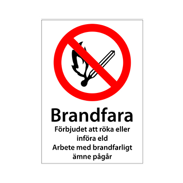Förbudsskylt Brandfara förbjudet att röka eller införa eld