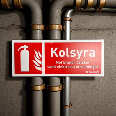 Brandskylt Brandsläckare Kolsyra mot brand i vätskor
